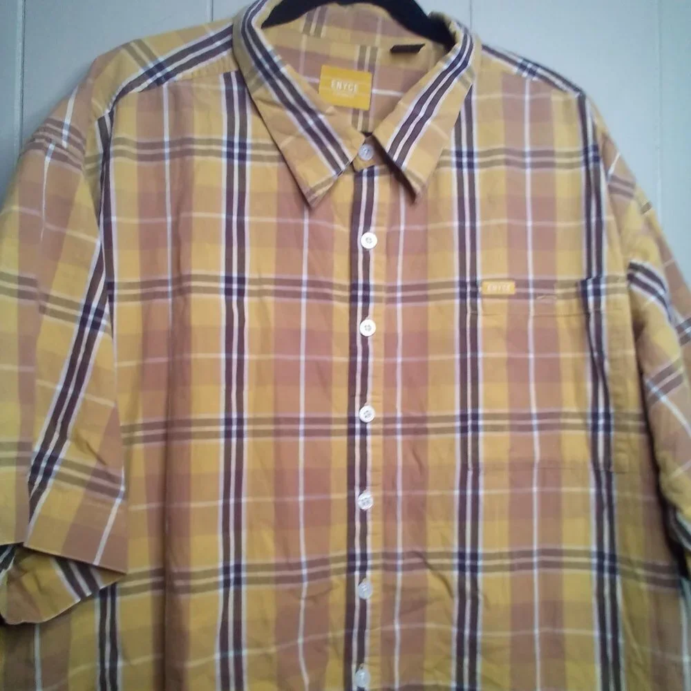 Enyce Button Up Shirt 3XL Short Sleeve Plaid Brown Yellow